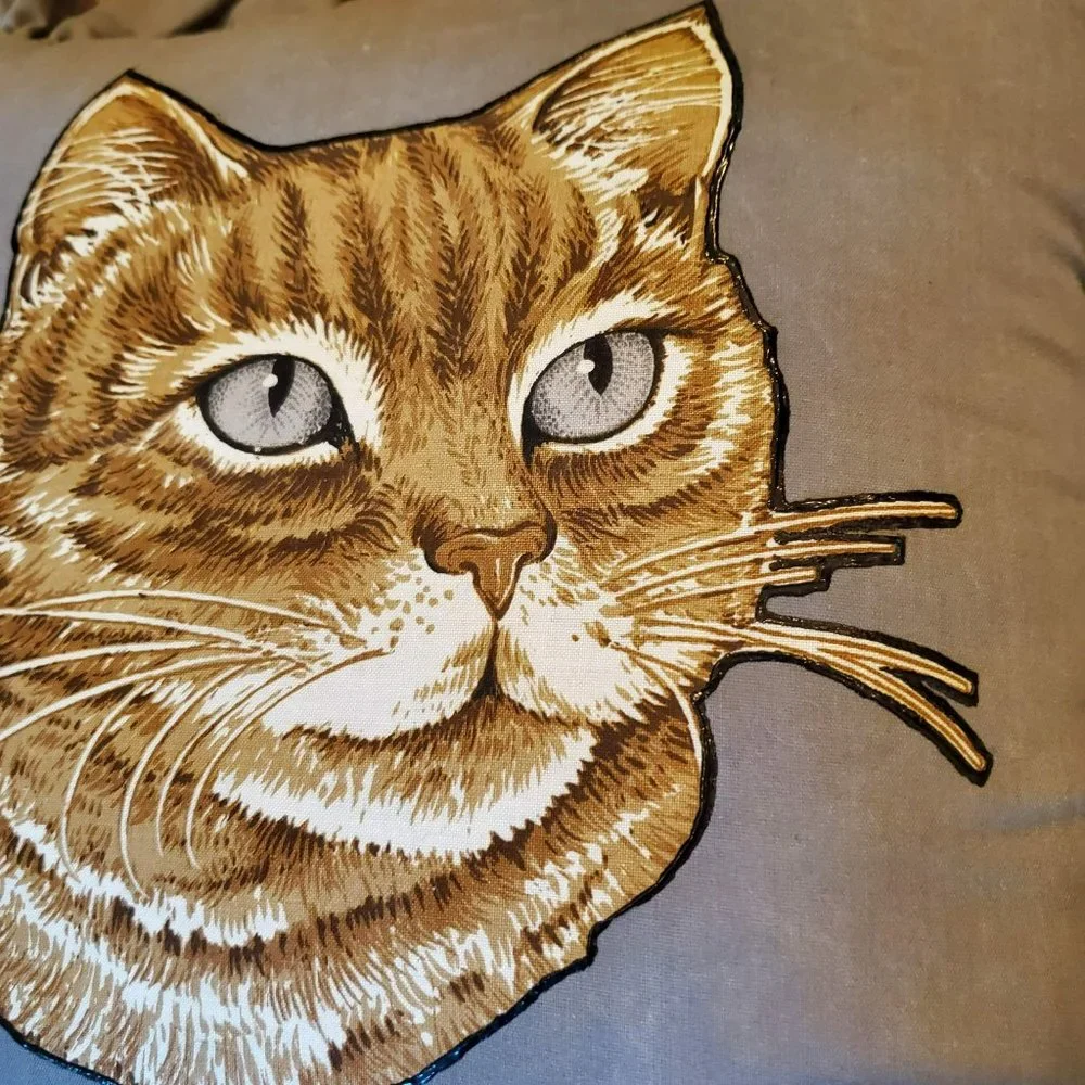 Vintage Handmade Cat Pillow, Applique Tabby Cat, Accent Pillow, Gray with Ruffle